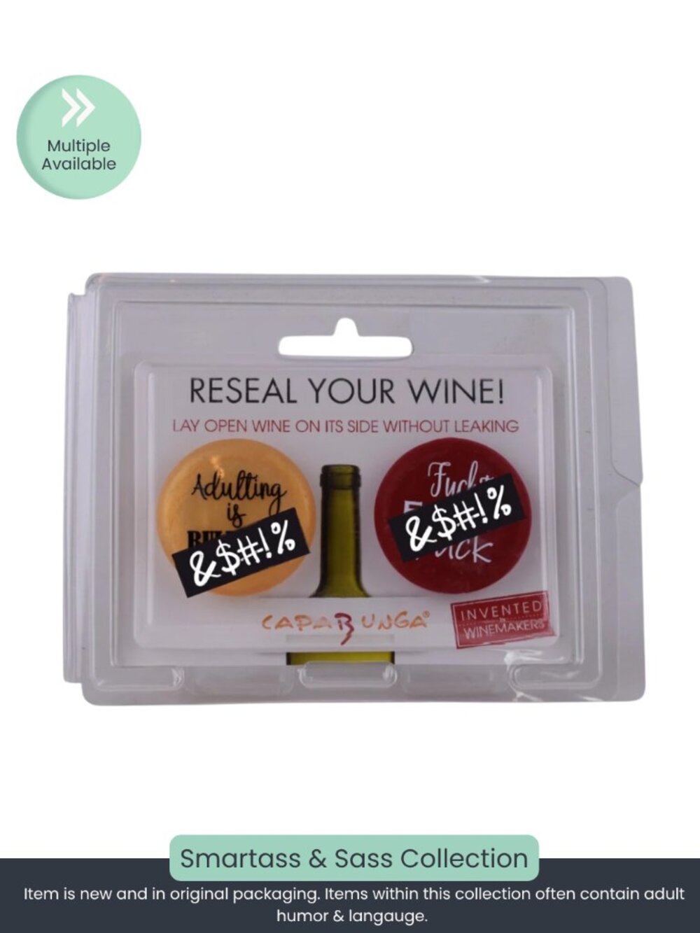 Capabunga Reusable Wine Bottle Caps – Set of 2 (Adult Humor Designs)